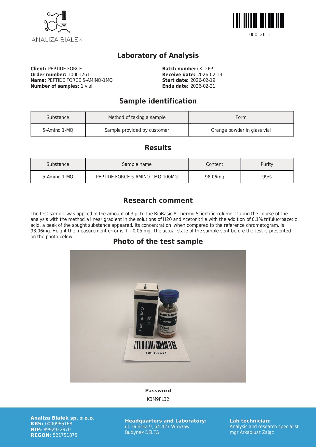 5-Amino 1-MQ — CoA — 99% purity — Feb 2026