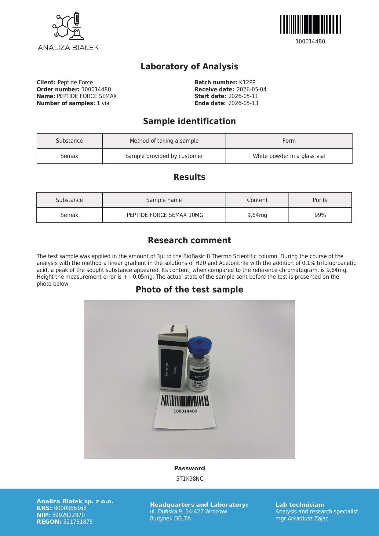 Semax — CoA — 99% purity — May 2026