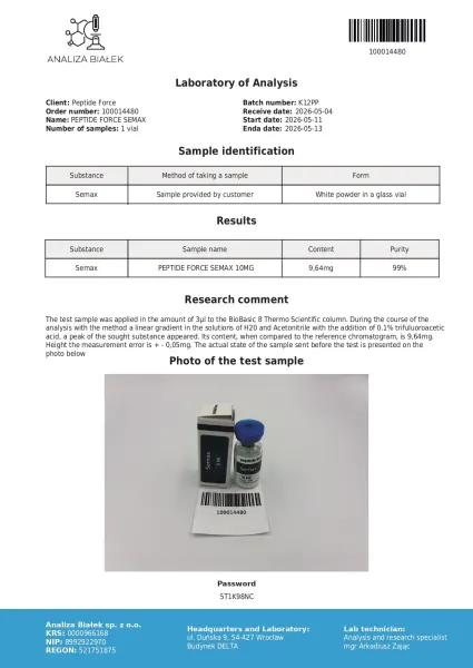 Semax — CoA — 99% purity — May 2026
