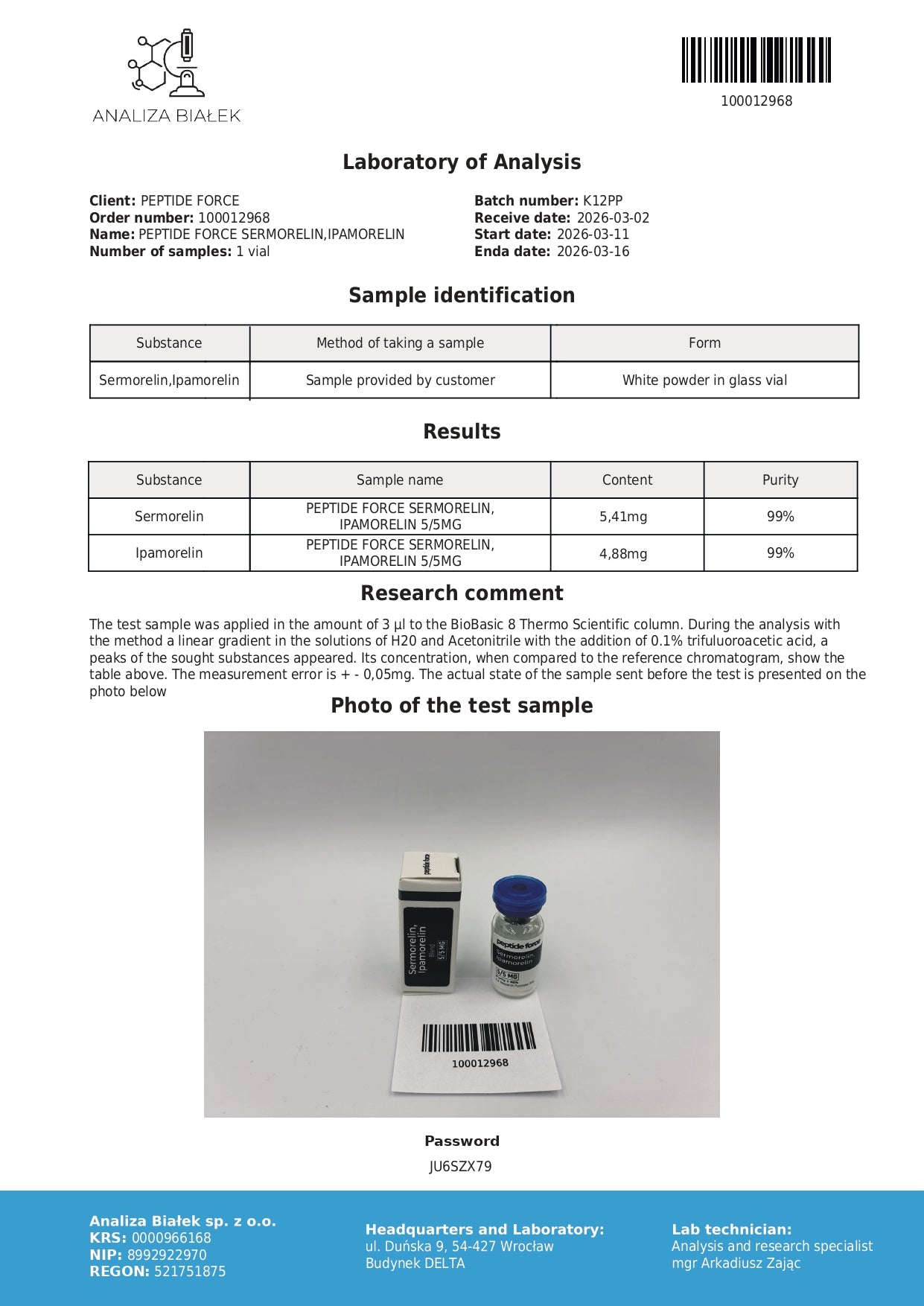 Sermorelin + Ipamorelin Blend 5mg — CoA — 99% purity — Mar 2026