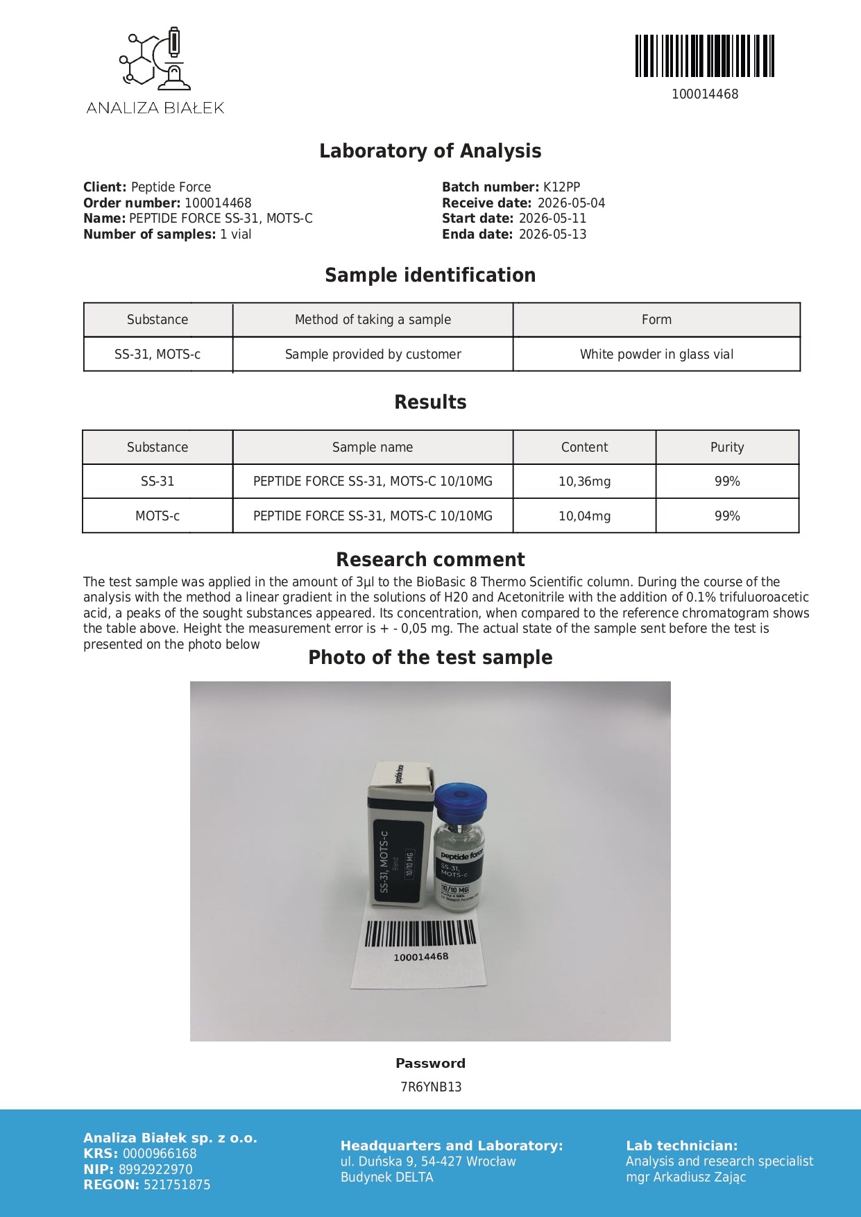 SS-31 + MOTS-c Blend 10mg — CoA — 99% purity — May 2026