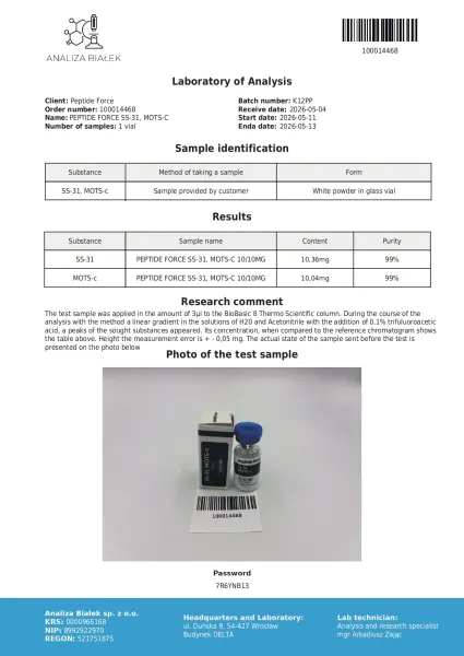 SS-31 + MOTS-c Blend 10mg — CoA — 99% purity — May 2026