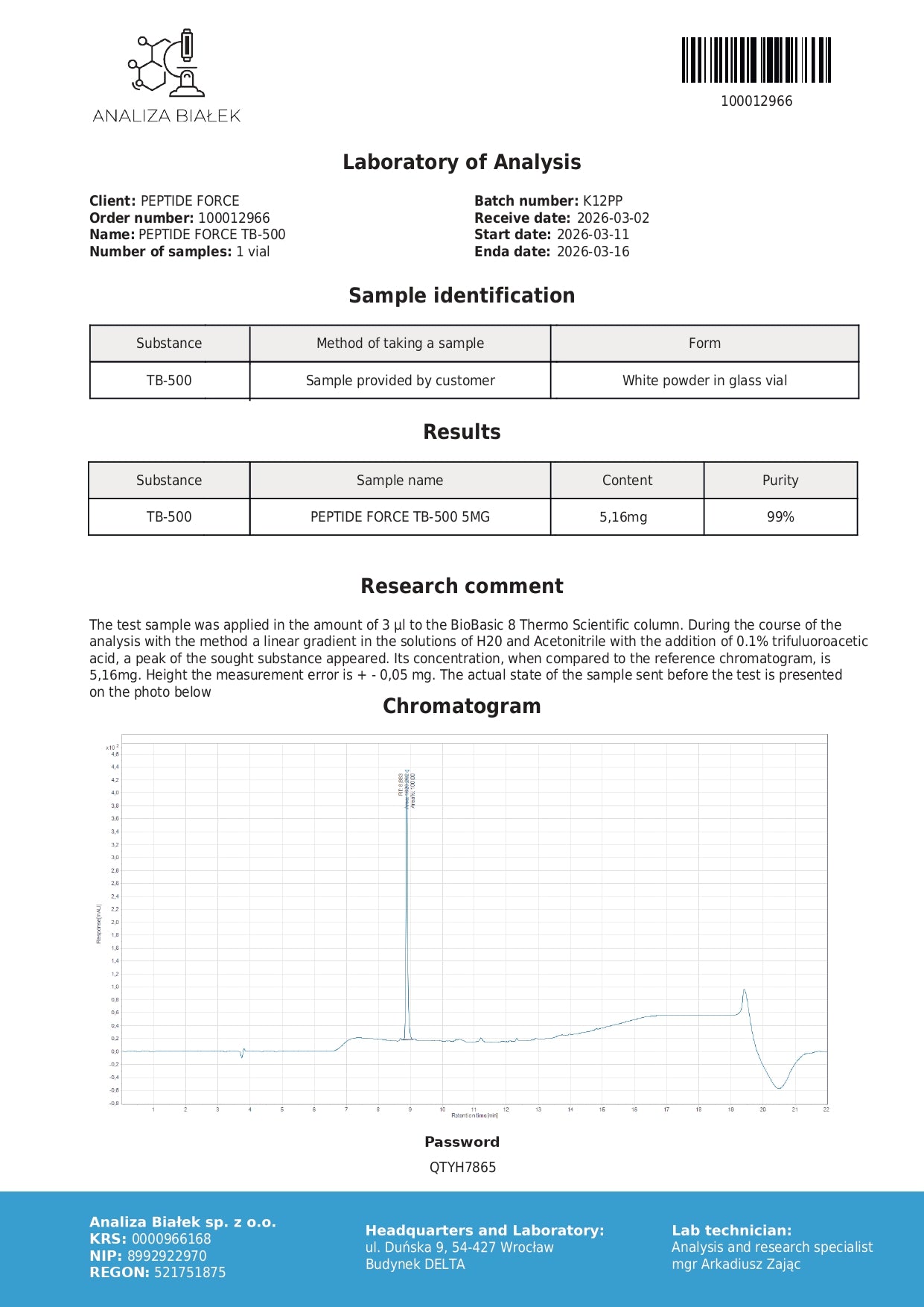 TB-500 5mg — CoA — 99% purity — Mar 2026