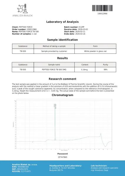 TB-500 5mg — CoA — 99% purity — Mar 2026