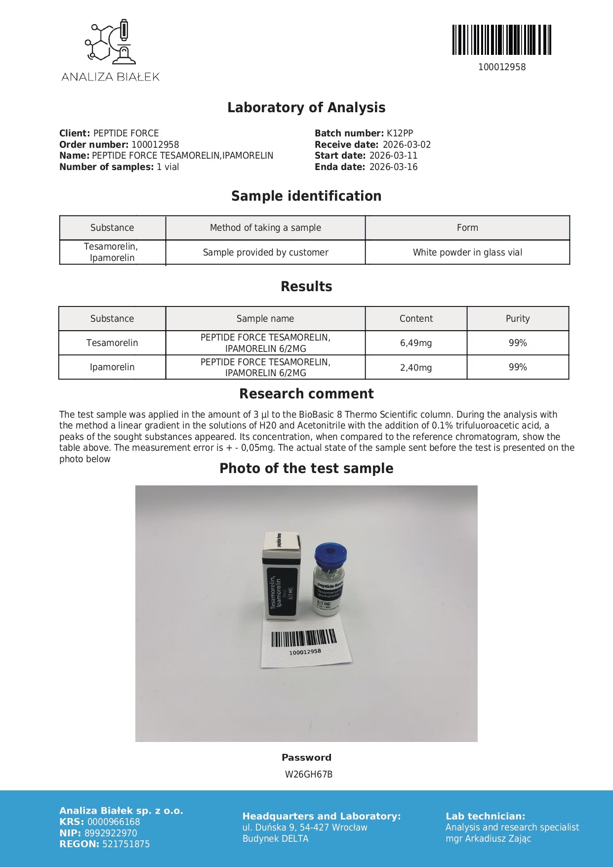 Tesamorelin + Ipamorelin Blend 2mg — CoA — 99% purity — Mar 2026