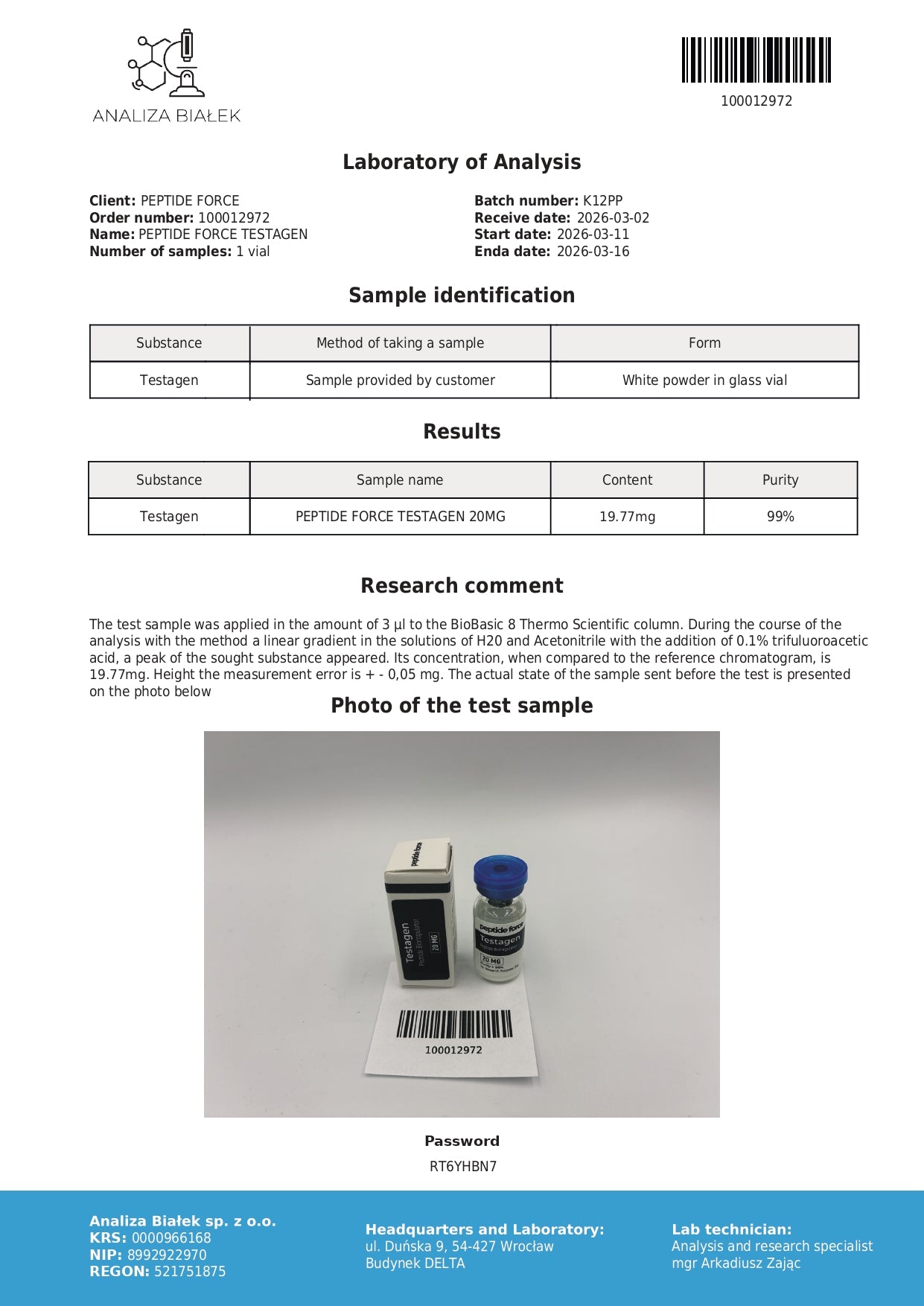 Testagen — CoA — 99% purity — Mar 2026