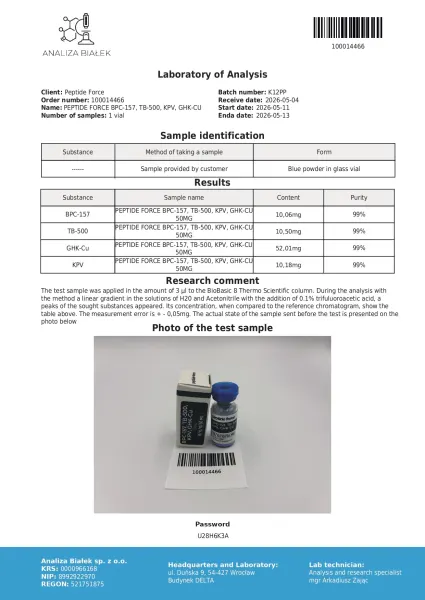 BPC-157 + TB-500 + KPV + GHK-Cu Blend — CoA — 99% purity — May 2026