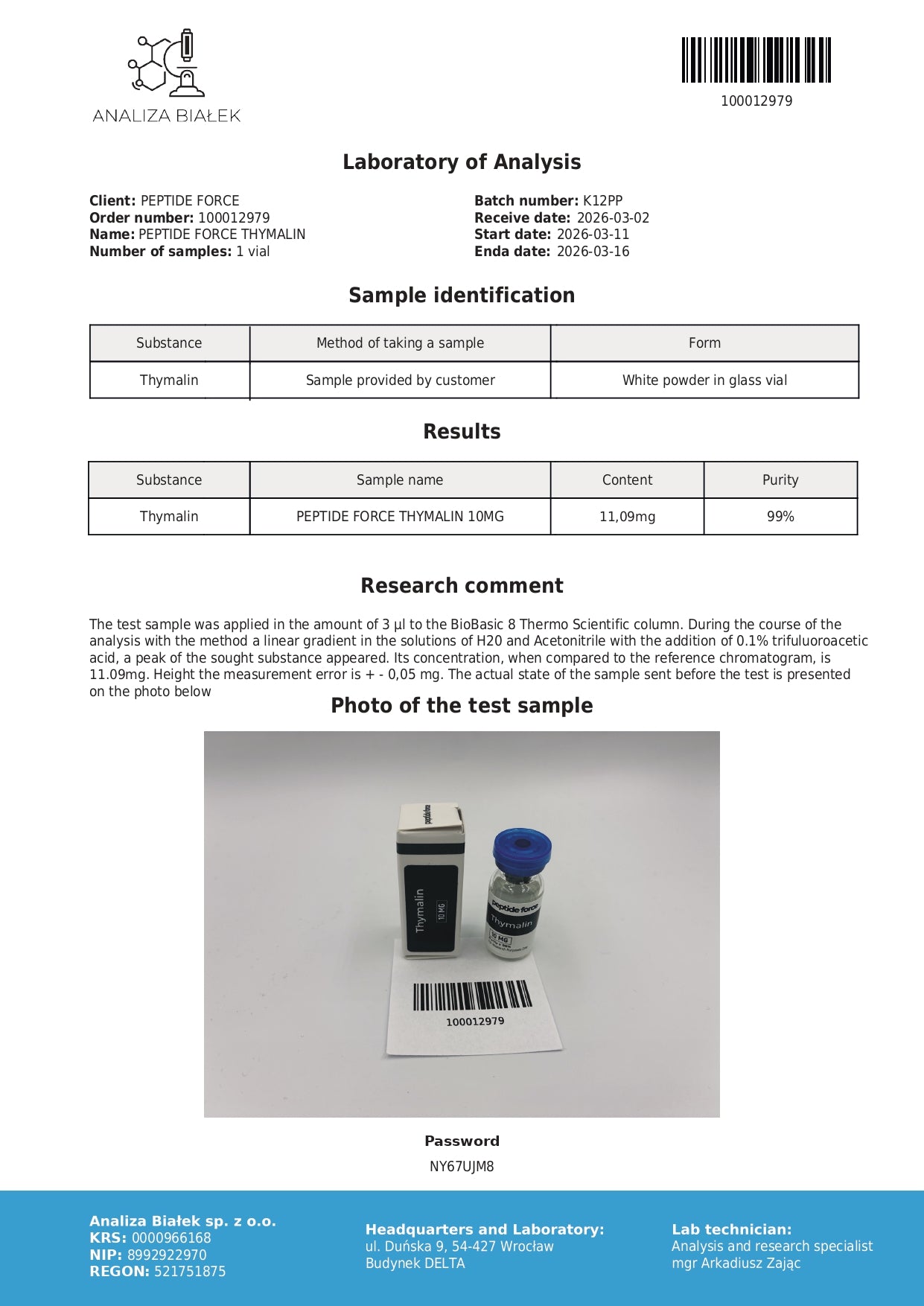 Thymalin — CoA — 99% purity — Mar 2026