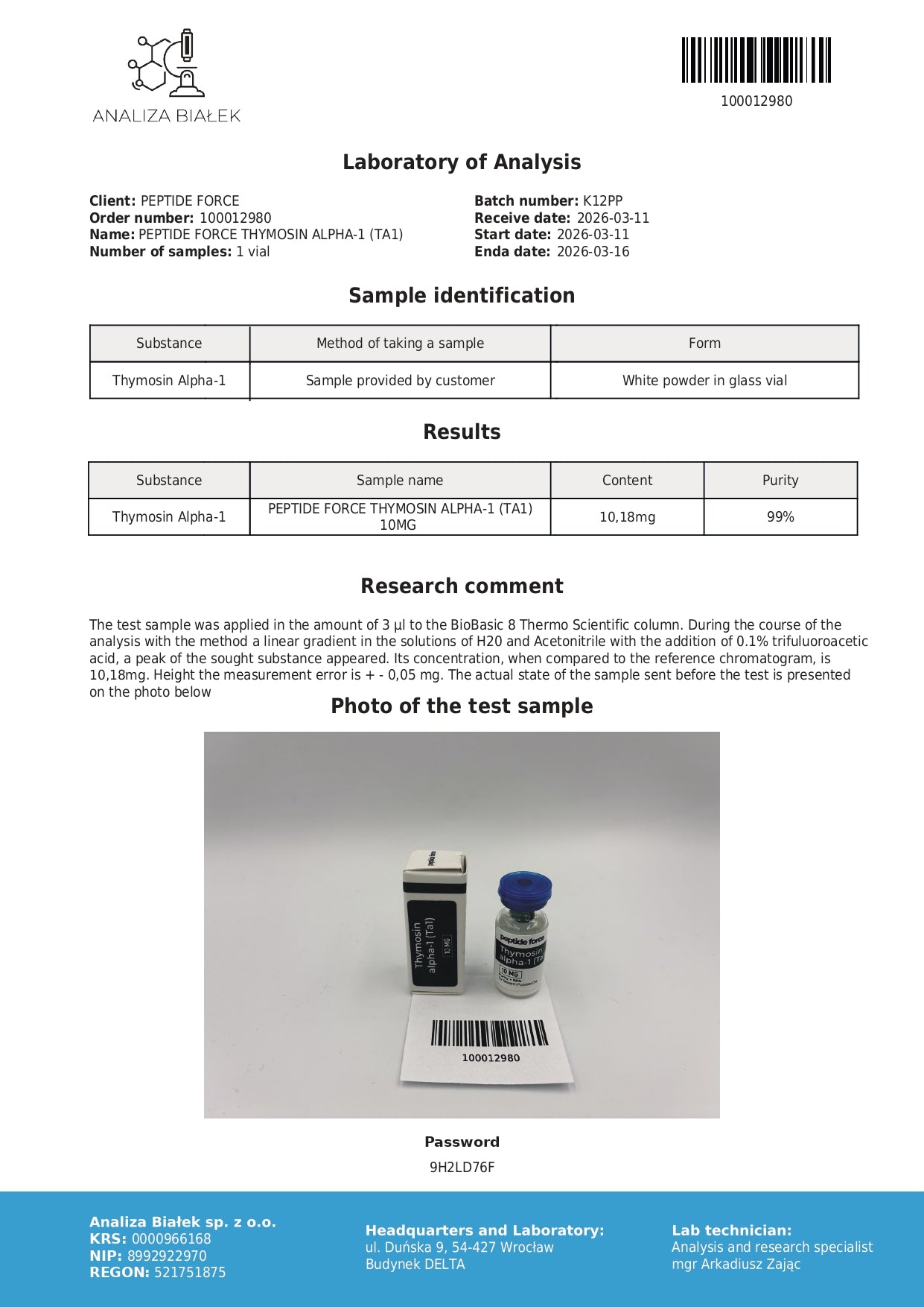 Thymosin Alpha-1 (TA1) — CoA — 99% purity — Mar 2026