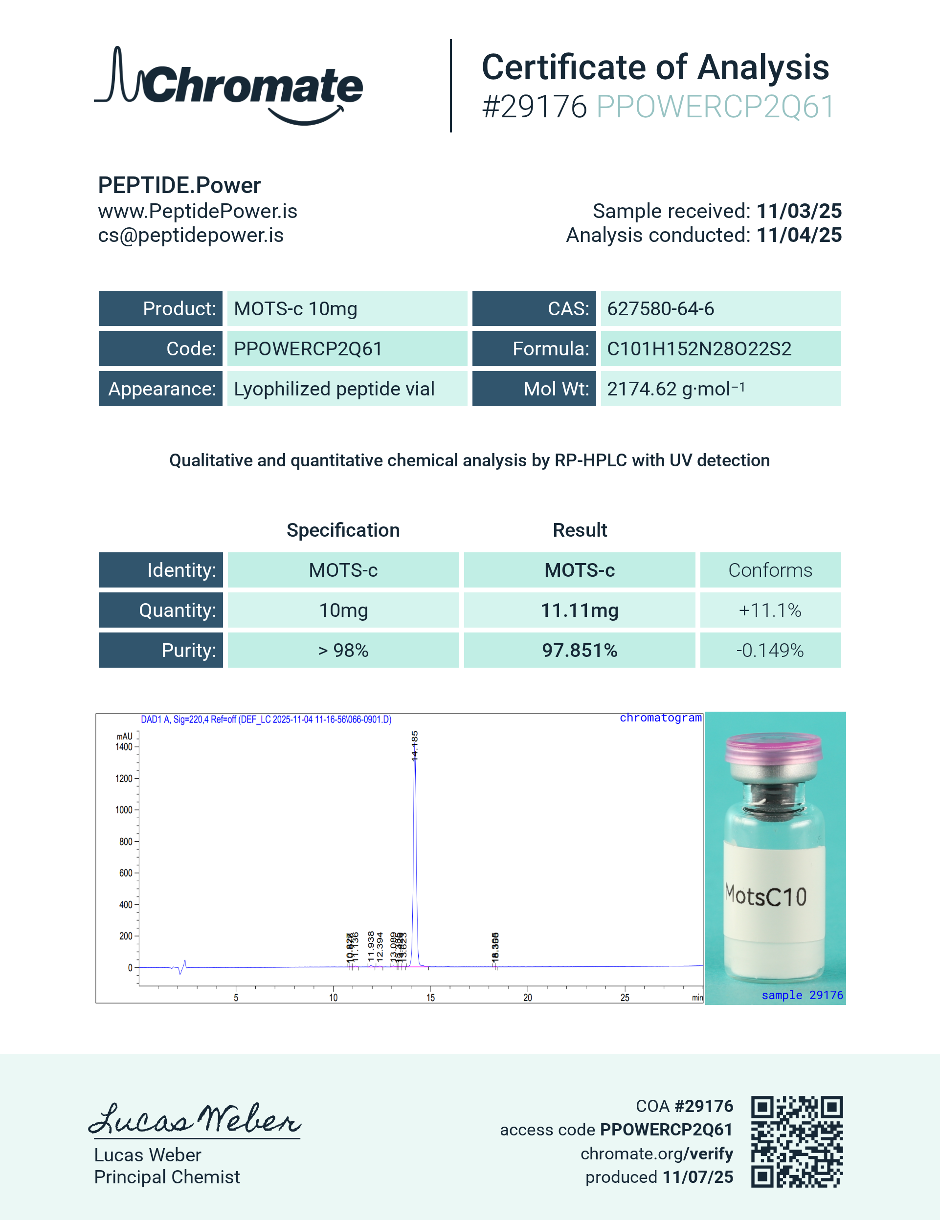 MOTS-c 10mg — CoA — 97.851% purity — Nov 2025