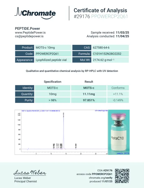 MOTS-c 10mg — CoA — 97.851% purity — Nov 2025