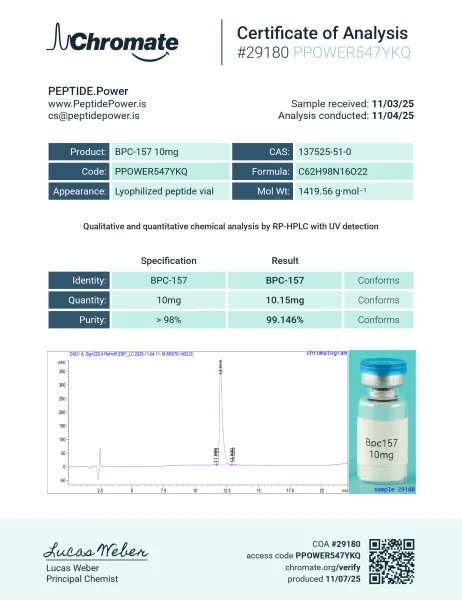 BPC-157 10mg — CoA — 99.146% purity — Nov 2025