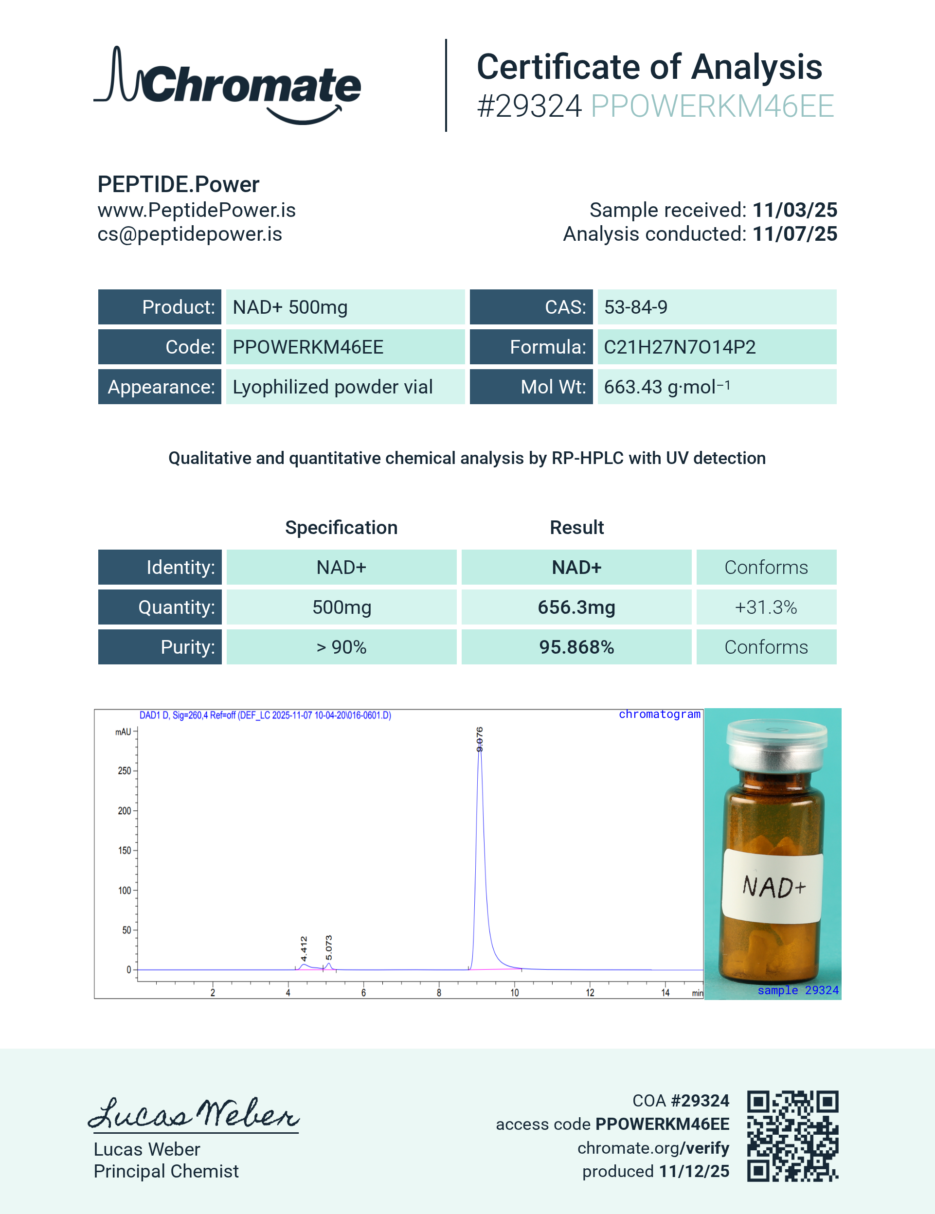 NAD+ 500mg — CoA — 95.868% purity — Nov 2025