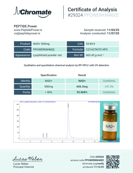 NAD+ 500mg — CoA — 95.868% purity — Nov 2025