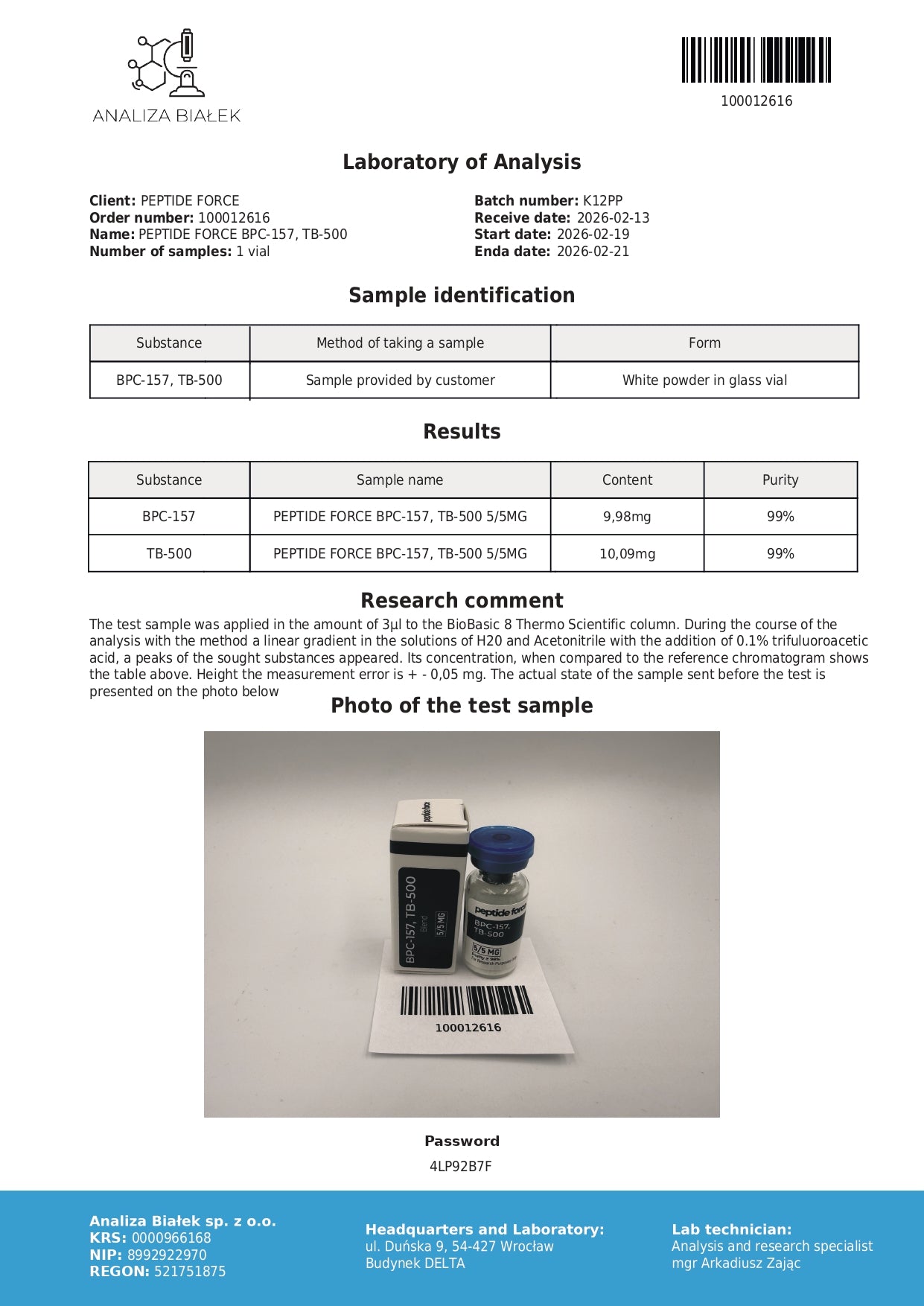 BPC-157 + TB-500 Blend — CoA — 99% purity — Feb 2026