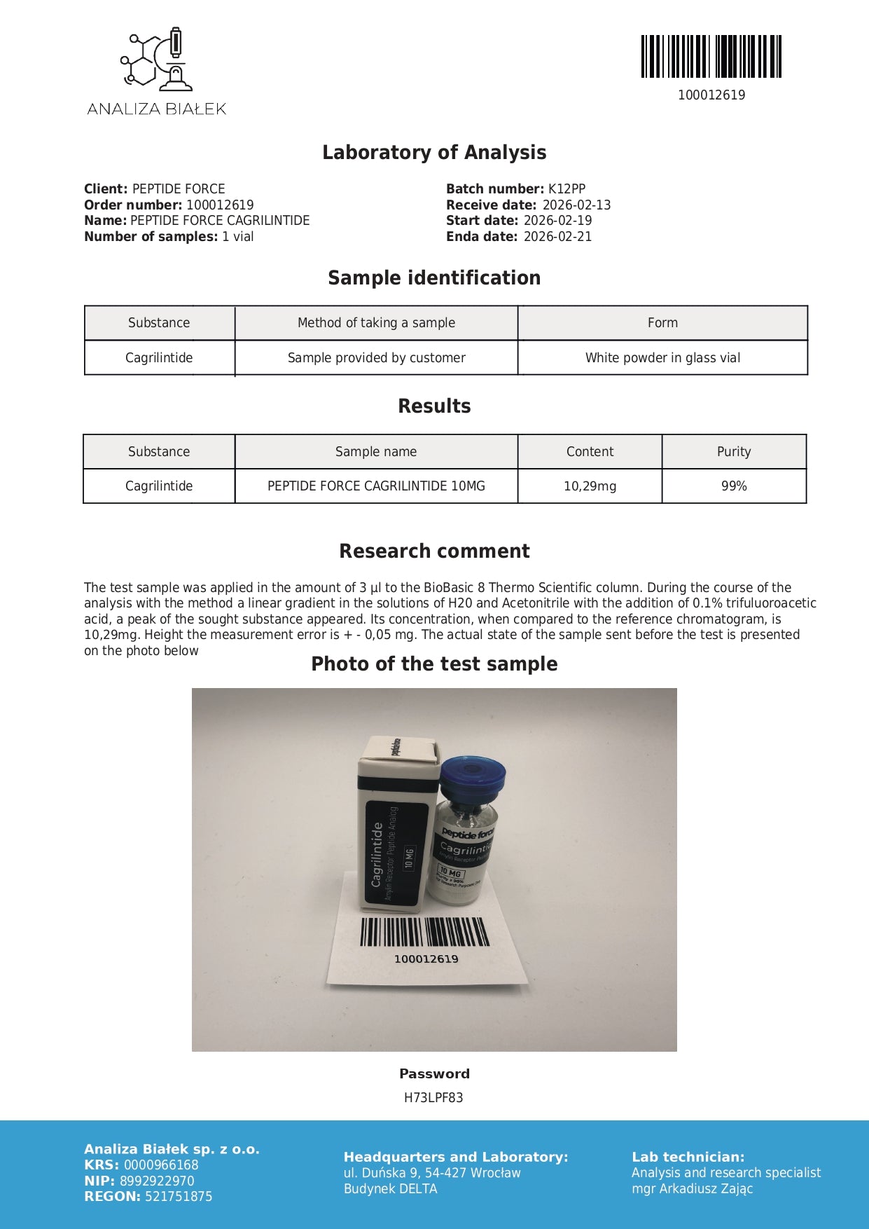 Cagrilintide — CoA — 99% purity — Feb 2026