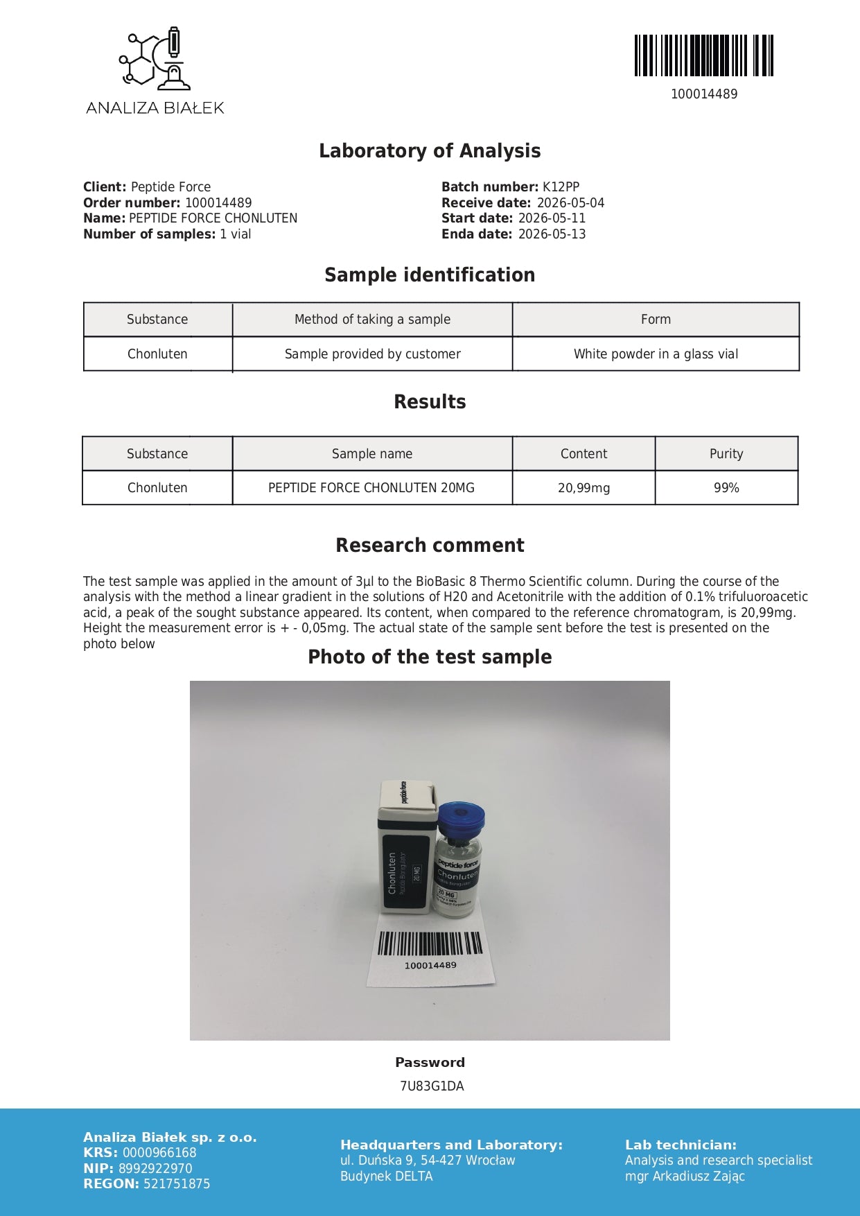Chonluten — CoA — 99% purity — May 2026