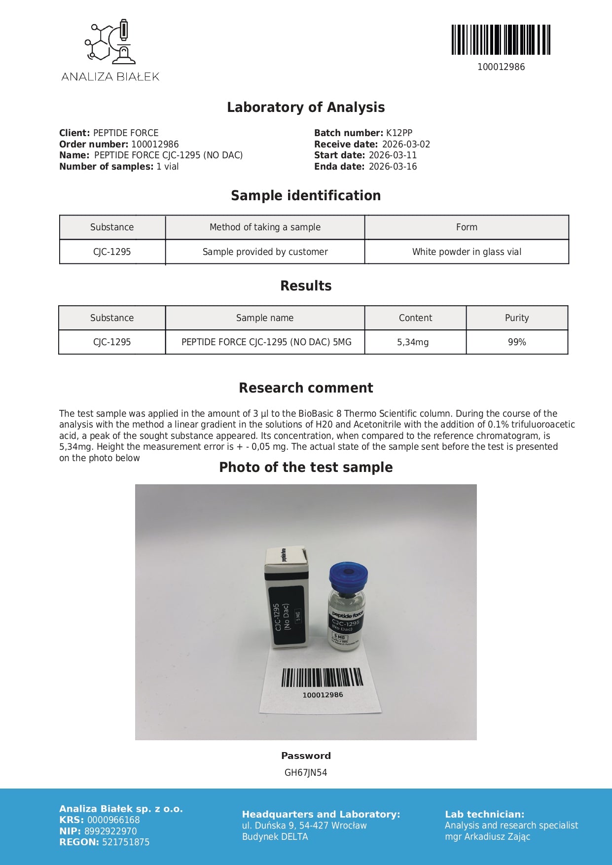 CJC-1295 (NO DAC) — CoA — 99% purity — Mar 2026