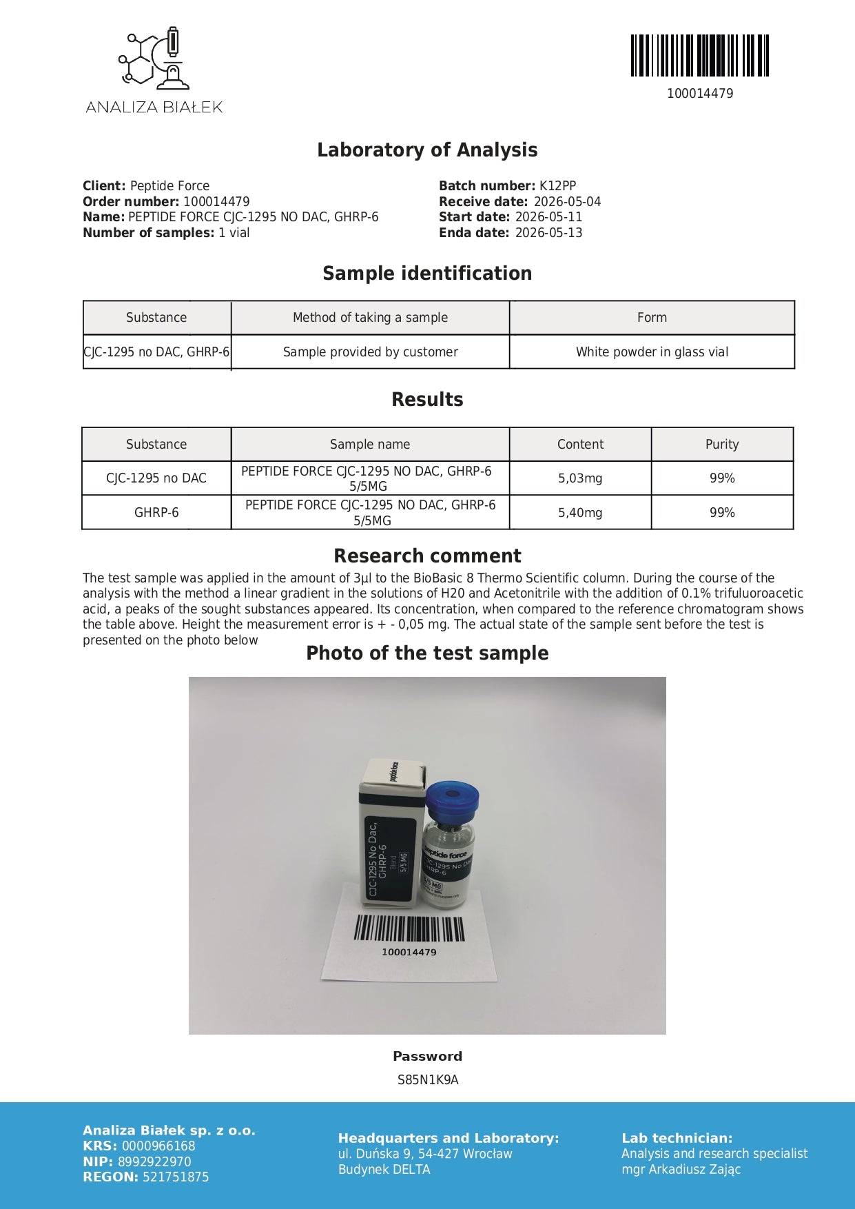 CJC-1295 no DAC + GHRP-6 Blend 5mg — CoA — 99% purity — May 2026