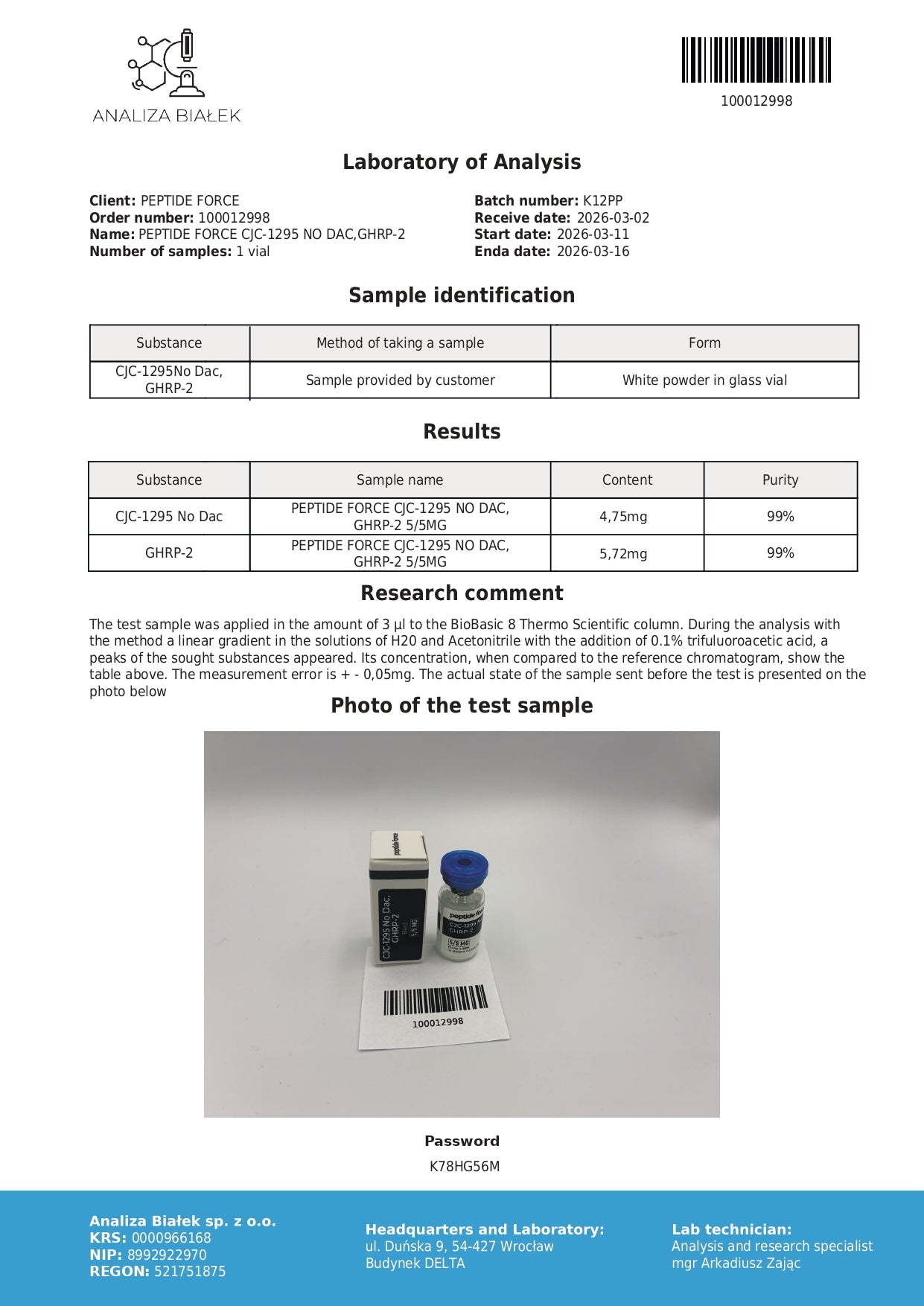 CJC-1295 No Dac + GHRP-2 Blend 5mg — CoA — 99% purity — Mar 2026