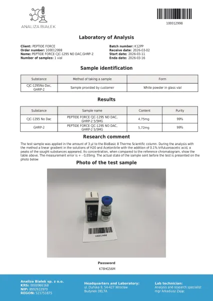 CJC-1295 No Dac + GHRP-2 Blend 5mg — CoA — 99% purity — Mar 2026