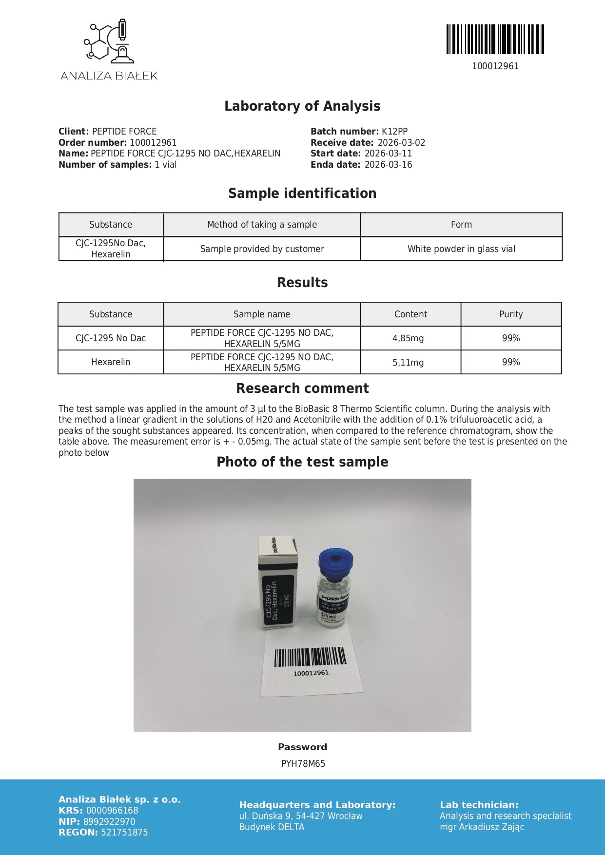 CJC-1295 No Dac + Hexarelin Blend 5mg — CoA — 99% purity — Mar 2026