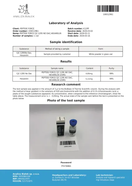 CJC-1295 No Dac + Hexarelin Blend 5mg — CoA — 99% purity — Mar 2026