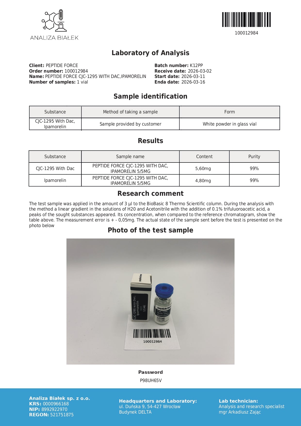 CJC-1295 With Dac + Ipamorelin Blend — CoA — 99% purity — Mar 2026