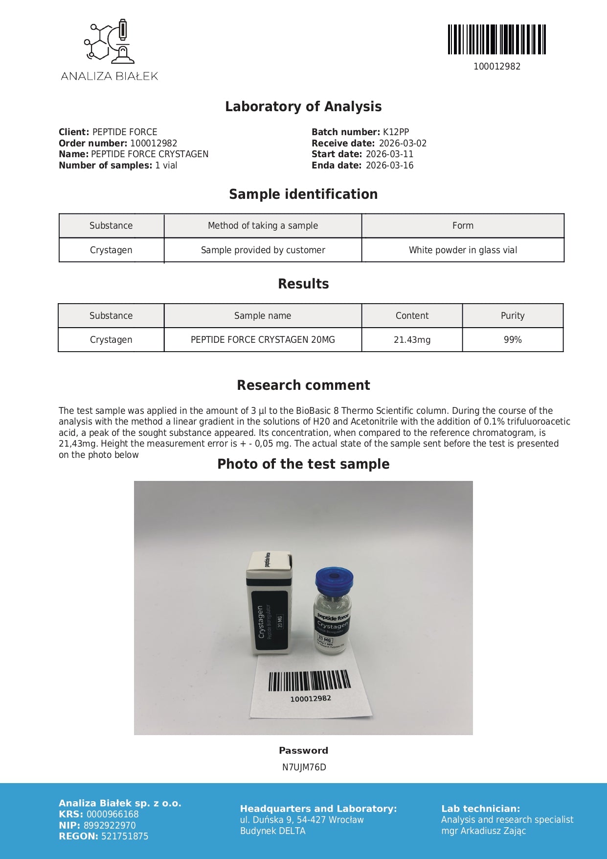 Crystagen — CoA — 99% purity — Mar 2026