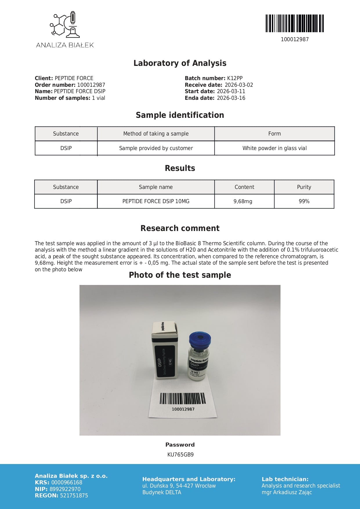 DSIP — CoA — 99% purity — Mar 2026