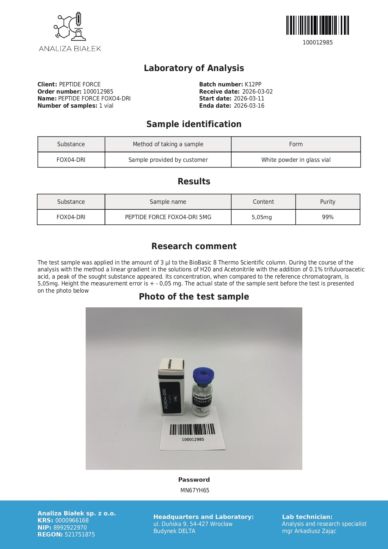FOXO4-DRI — CoA — 99% purity — Mar 2026