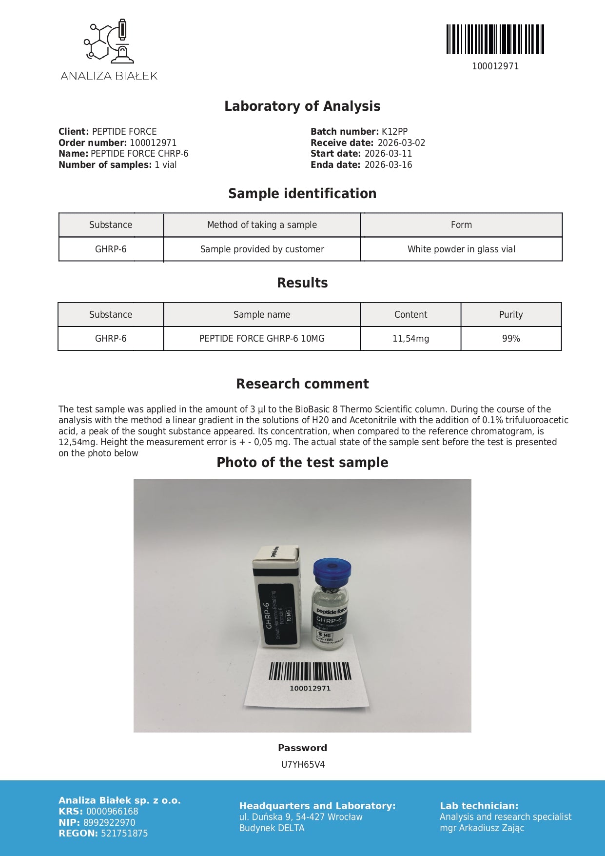 GHRP-6 — CoA — 99% purity — Mar 2026