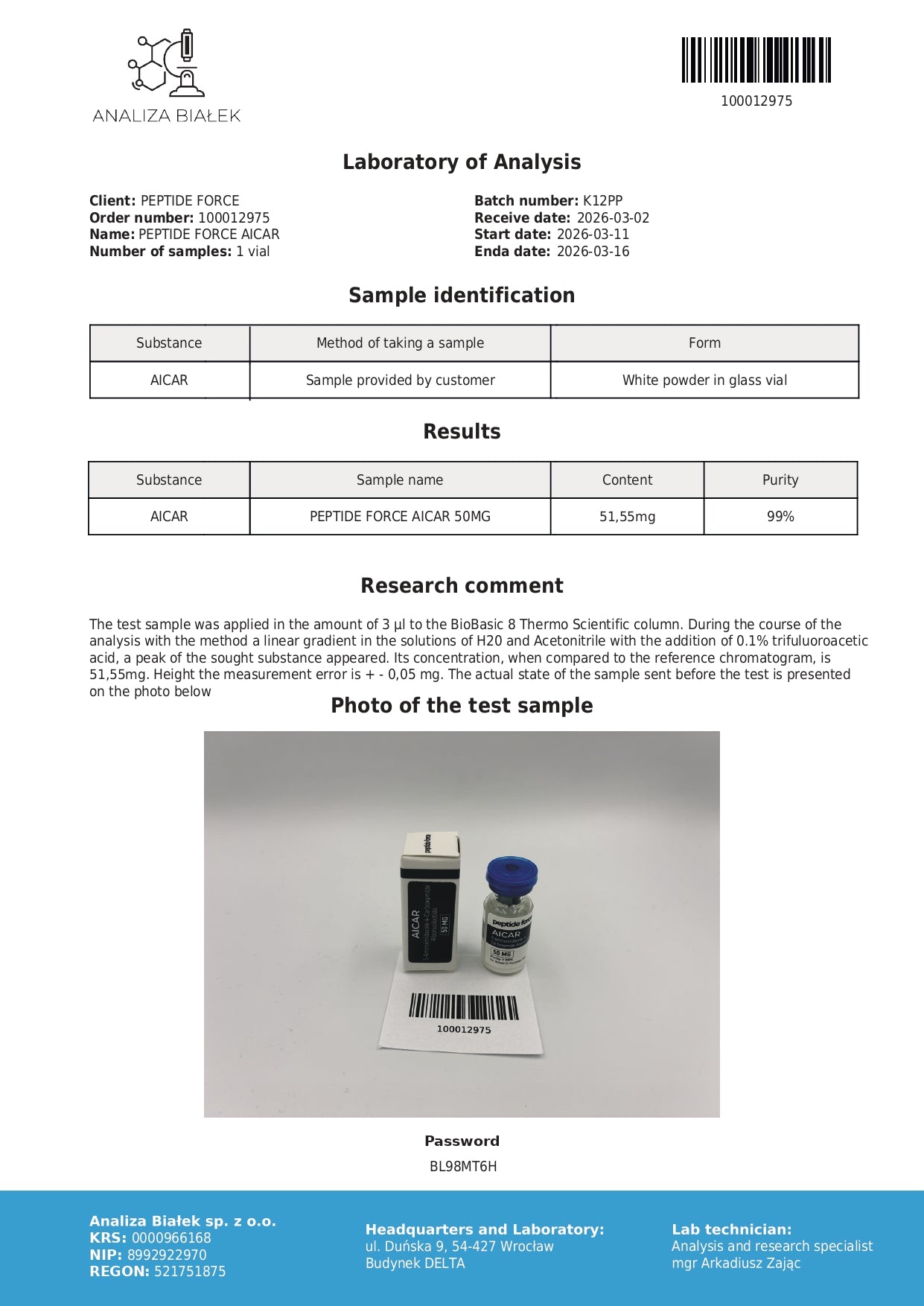 AICAR — CoA — 99% purity — Mar 2026