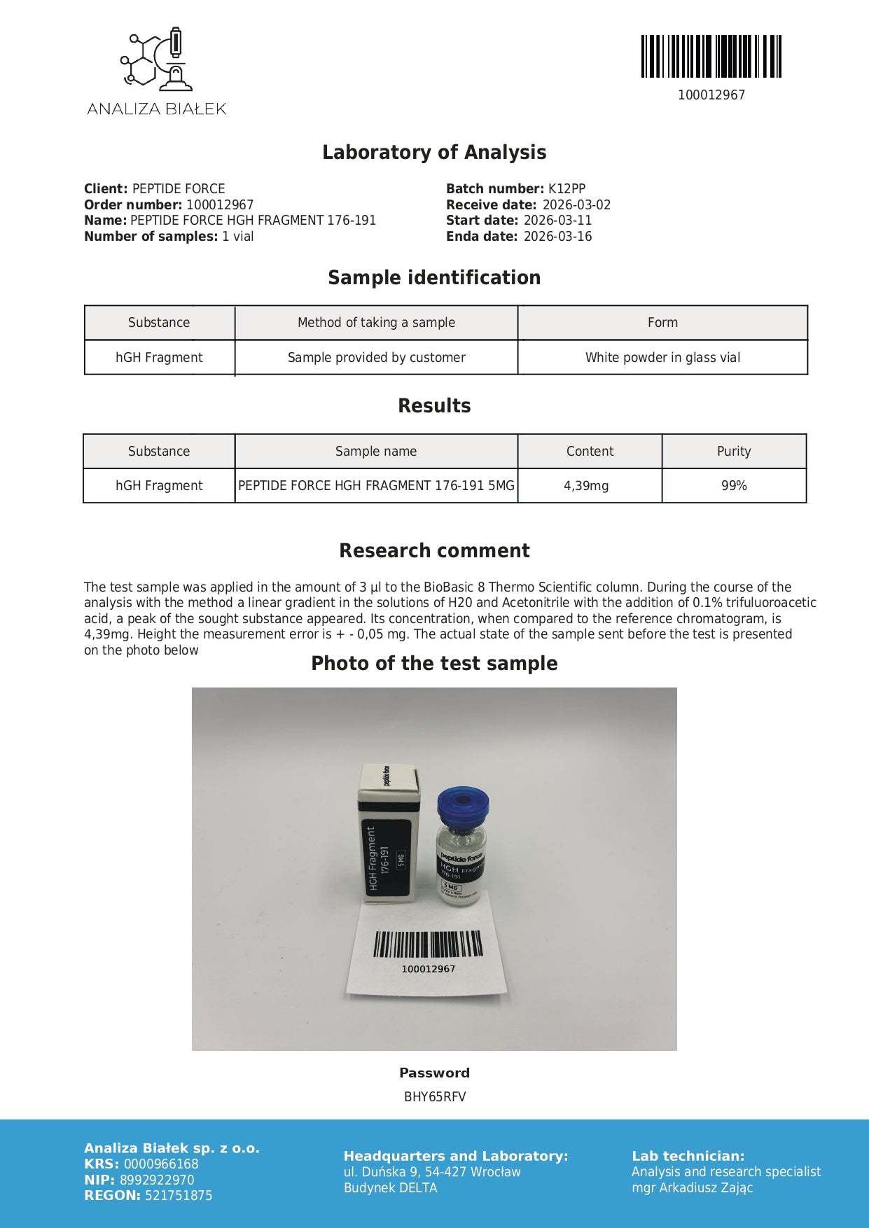 HGH Fragment 176-191 — CoA — 99% purity — Mar 2026