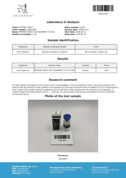 HGH Fragment 176-191 — CoA — 99% purity — Mar 2026