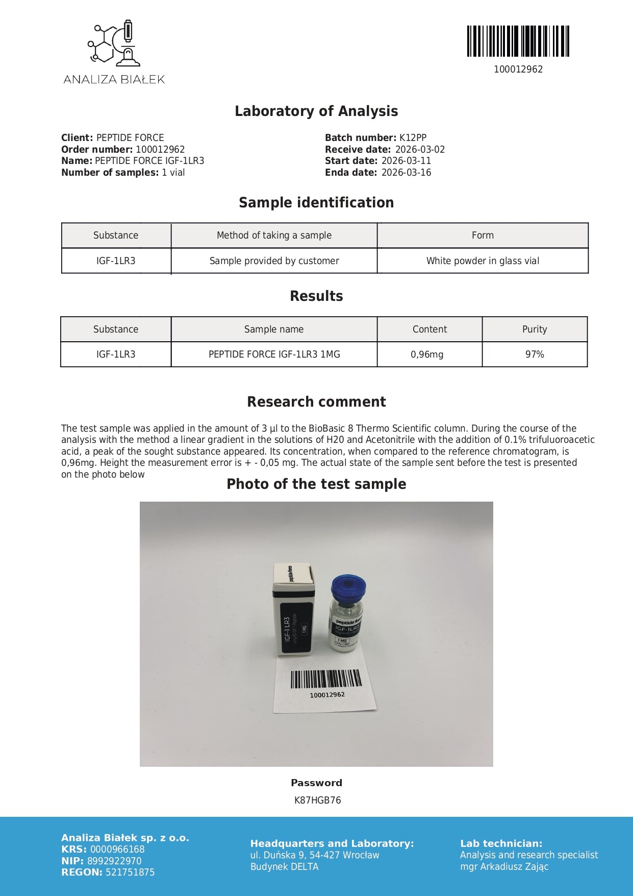 IGF-1LR3 — CoA — 97% purity — Mar 2026