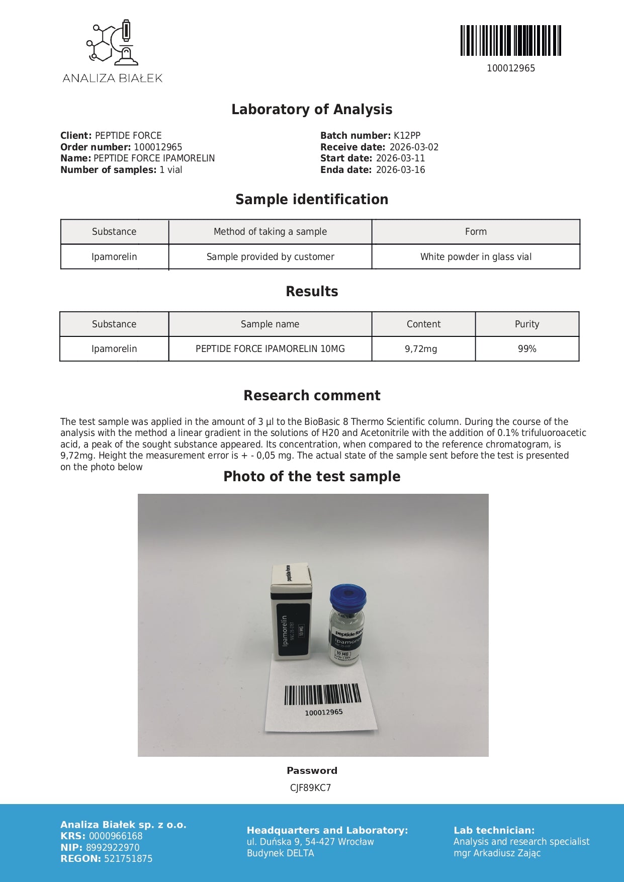 Ipamorelin — CoA — 99% purity — Mar 2026