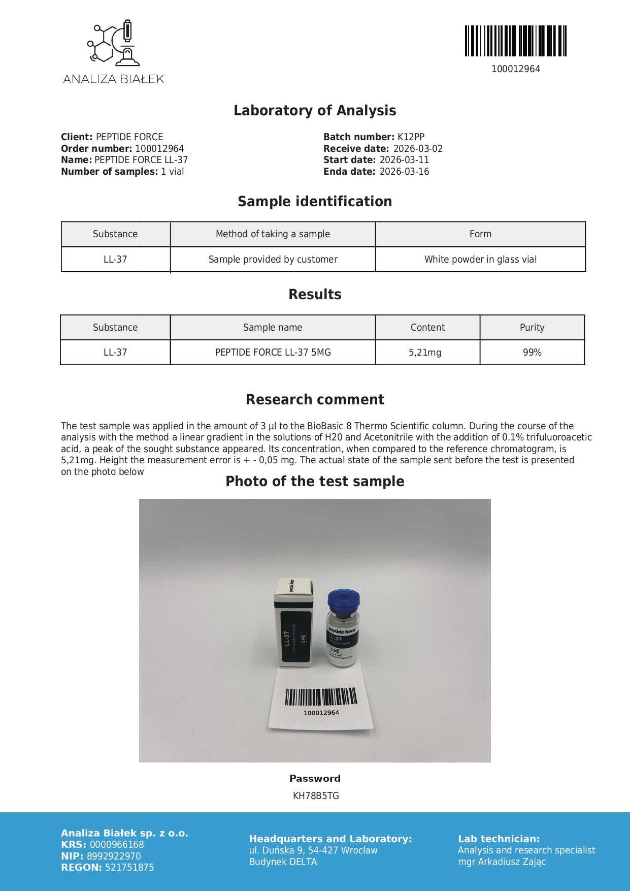 LL-37 — CoA — 99% purity — Mar 2026