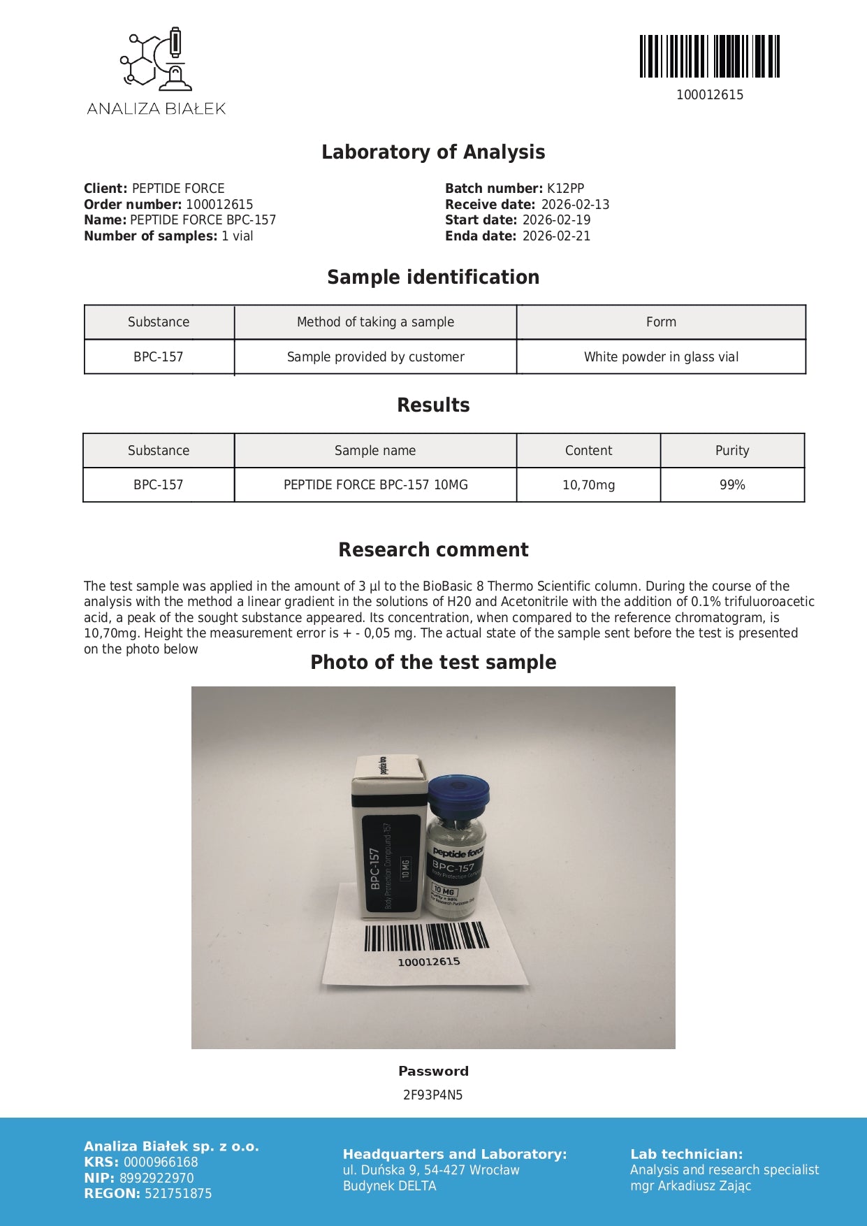 BPC-157 10mg — CoA — 99% purity — Feb 2026