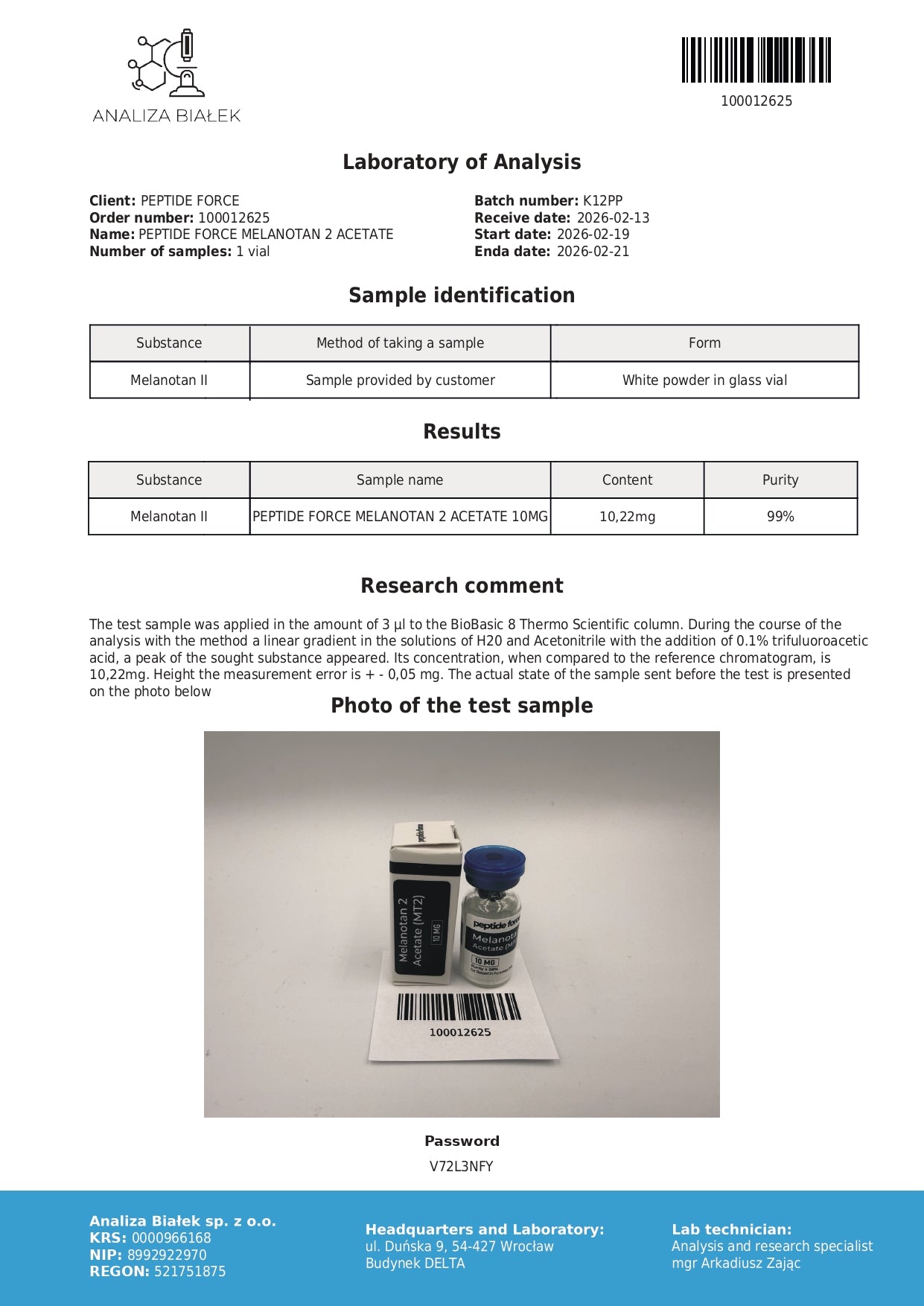 Melanotan 2 Acetate — CoA — 99% purity — Feb 2026