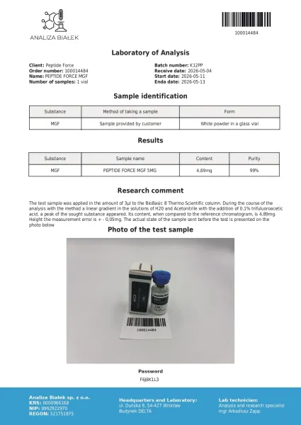 MGF — CoA — 99% purity — May 2026