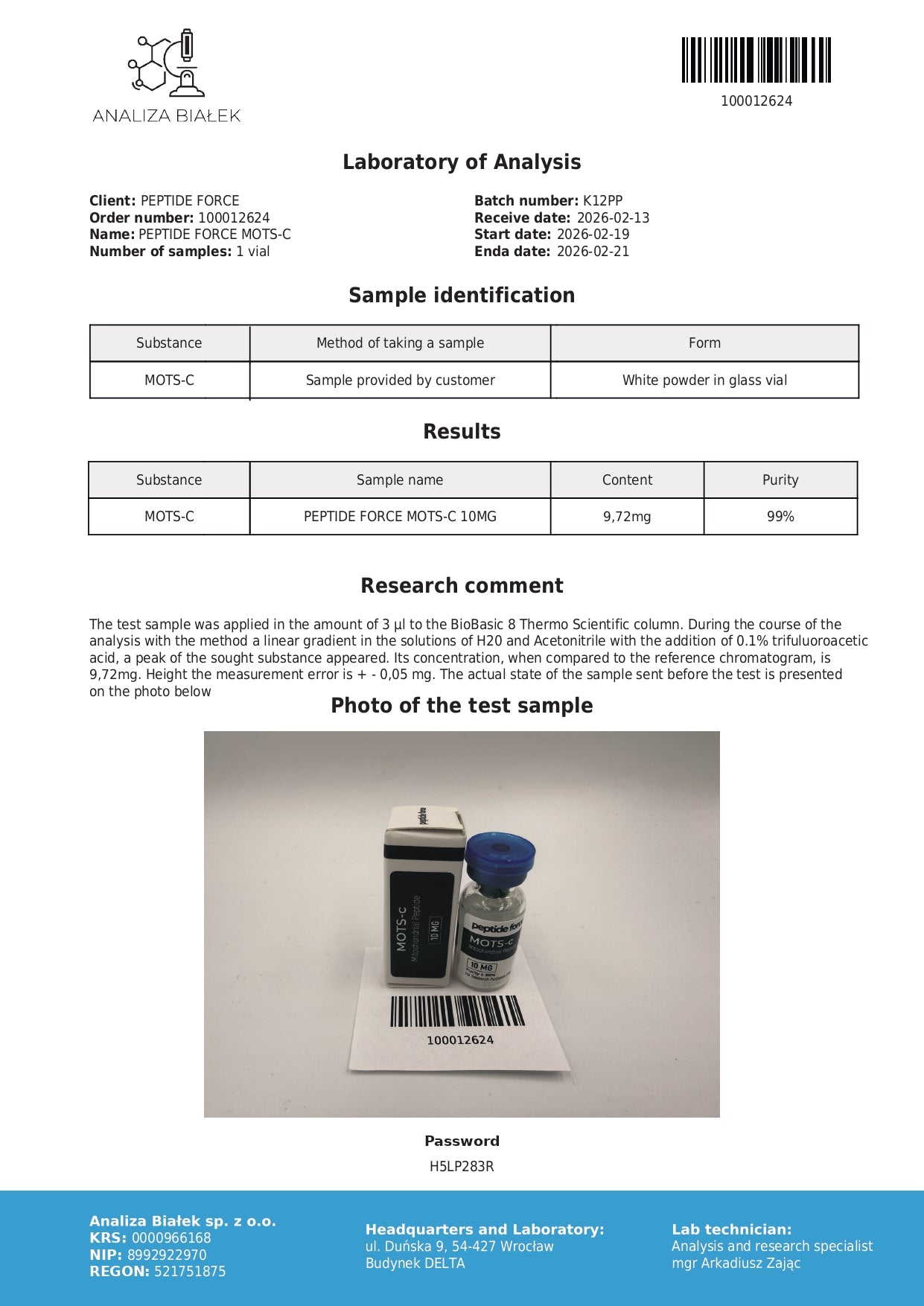 MOTS-C — CoA — 99% purity — Feb 2026