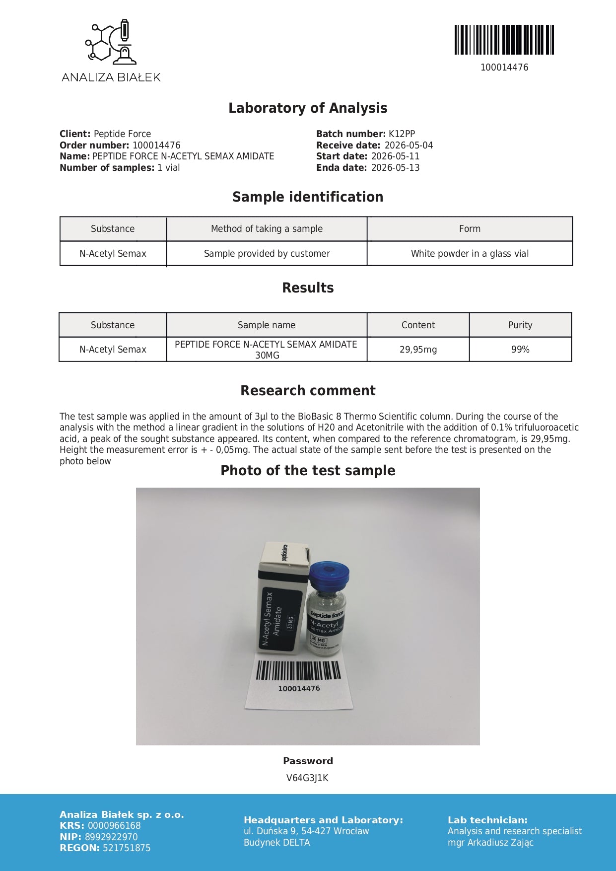 N-Acetyl Semax Amidate — CoA — 99% purity — May 2026