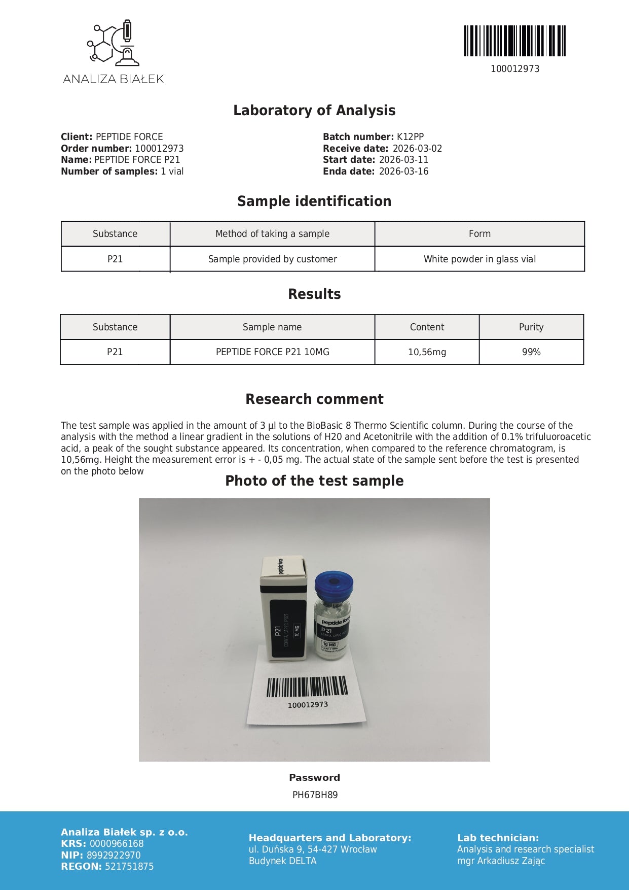 P21 — CoA — 99% purity — Mar 2026