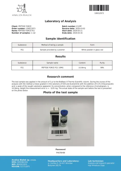 P21 — CoA — 99% purity — Mar 2026