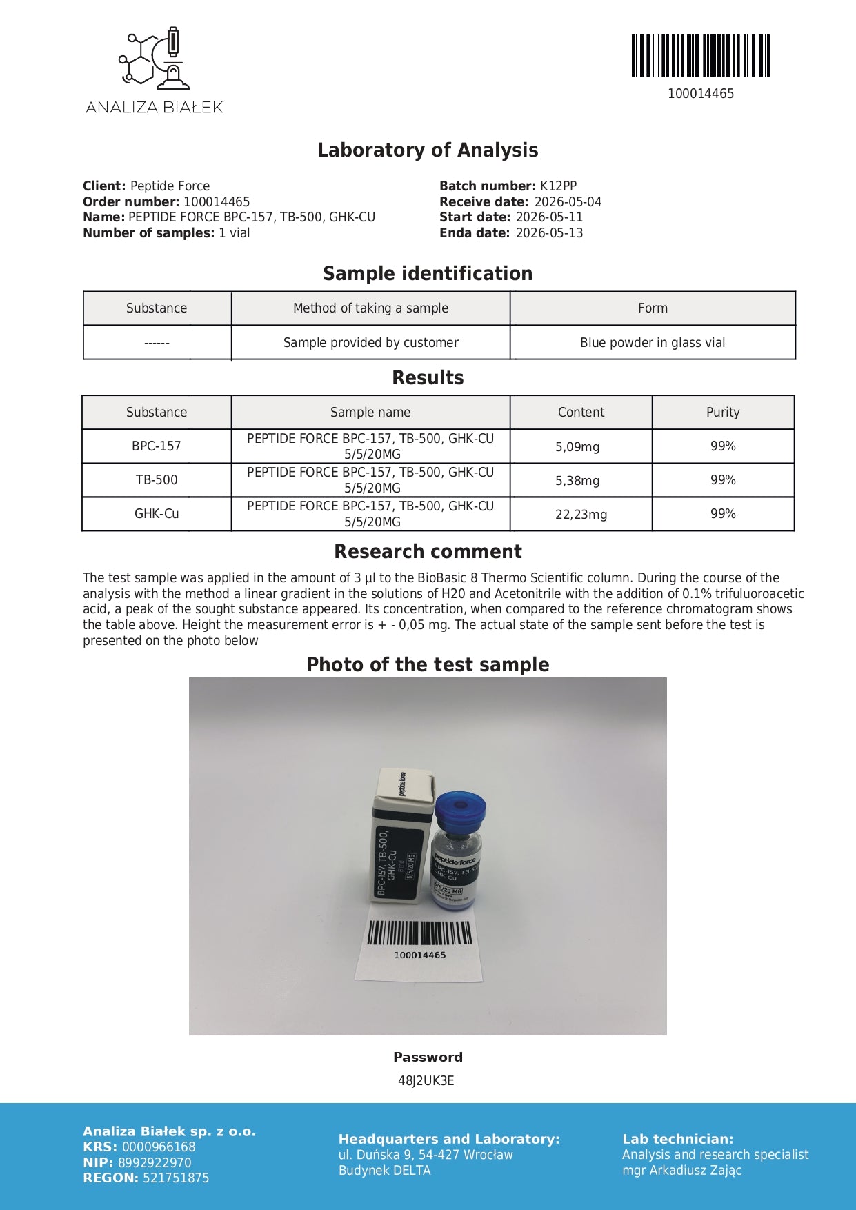 BPC-157 + TB-500 + GHK-Cu Blend — CoA — 99% purity — May 2026