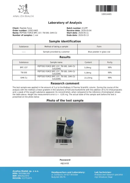 BPC-157 + TB-500 + GHK-Cu Blend — CoA — 99% purity — May 2026