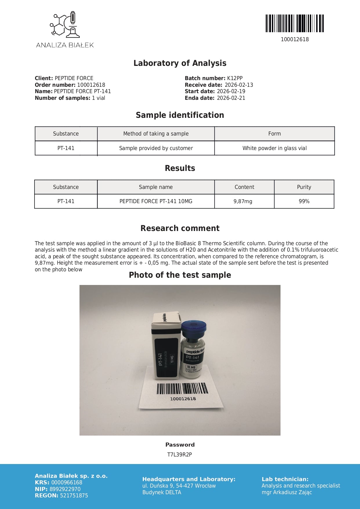 PT-141 — CoA — 99% purity — Feb 2026