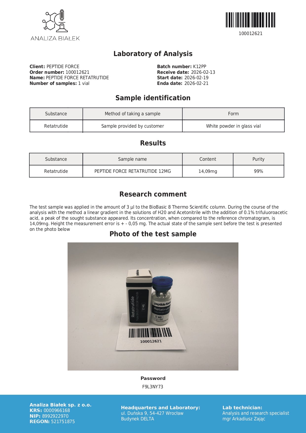R​еtаtrutіdе — CoA — 99% purity — Feb 2026