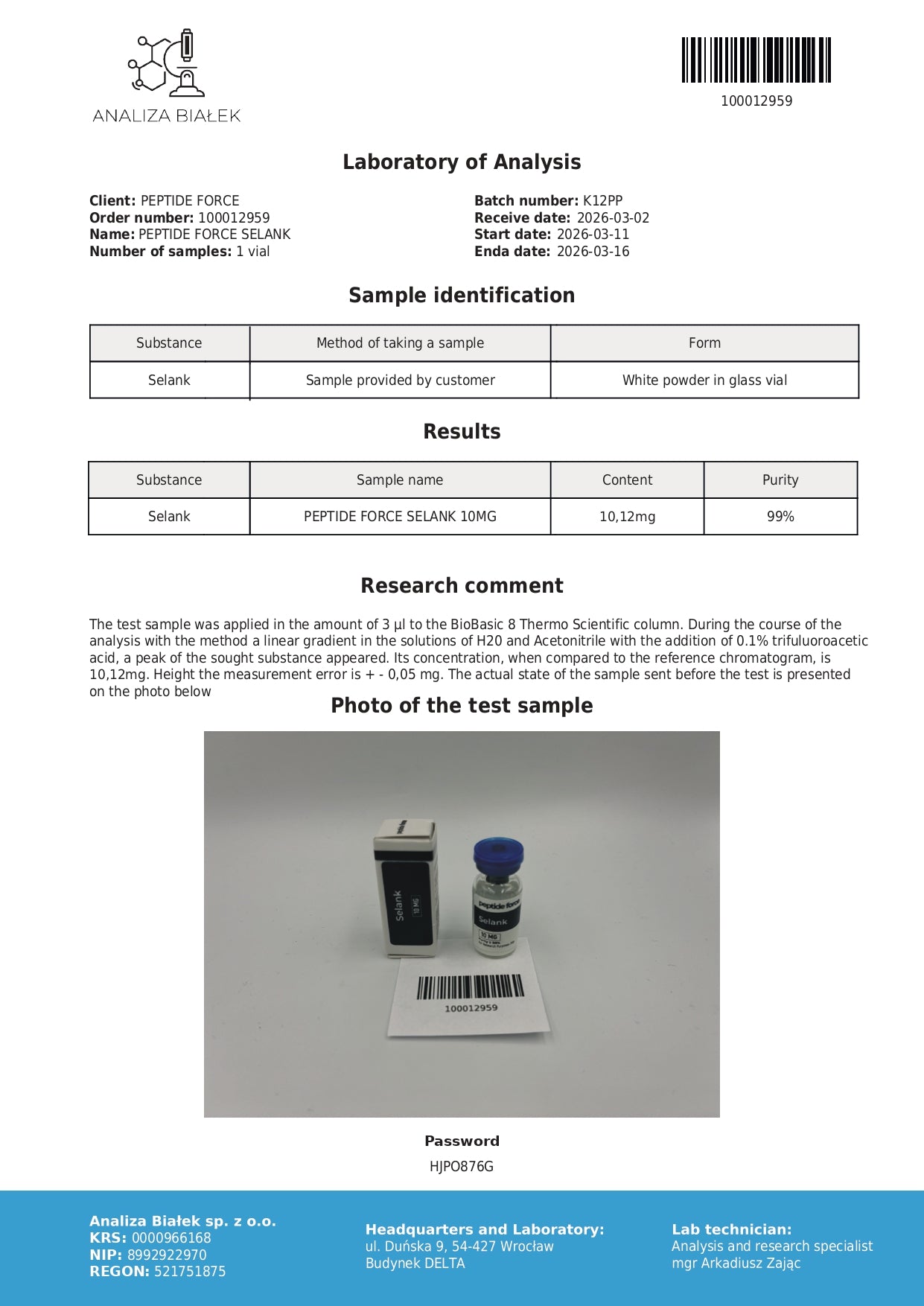 Selank — CoA — 99% purity — Mar 2026